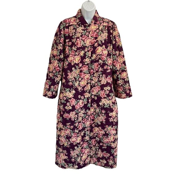 Vtg Miss Elaine M Quilted Purple Floral Snap Front Robe House Coat Grandmacore - Picture 1 of 12